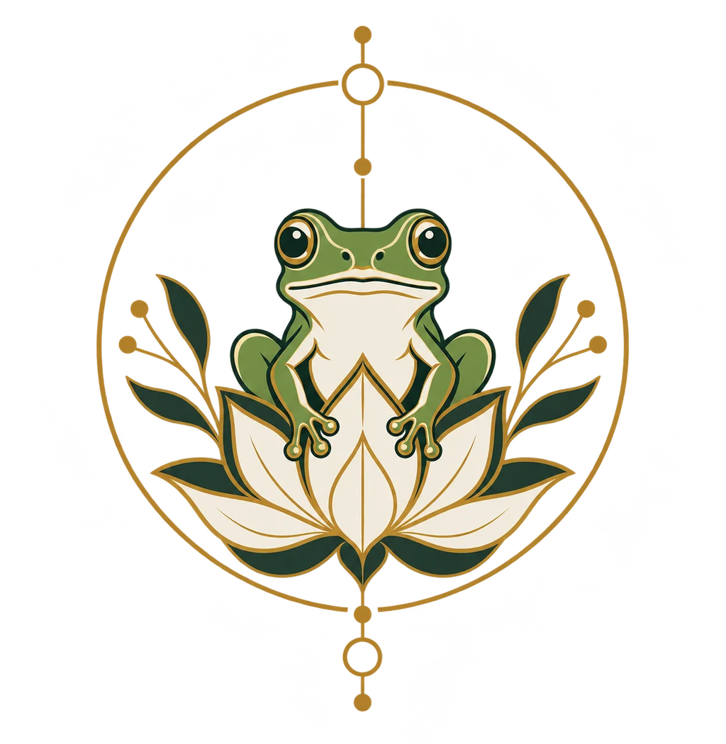 Front-facing green frog resting on a lotus within a fine gold circle